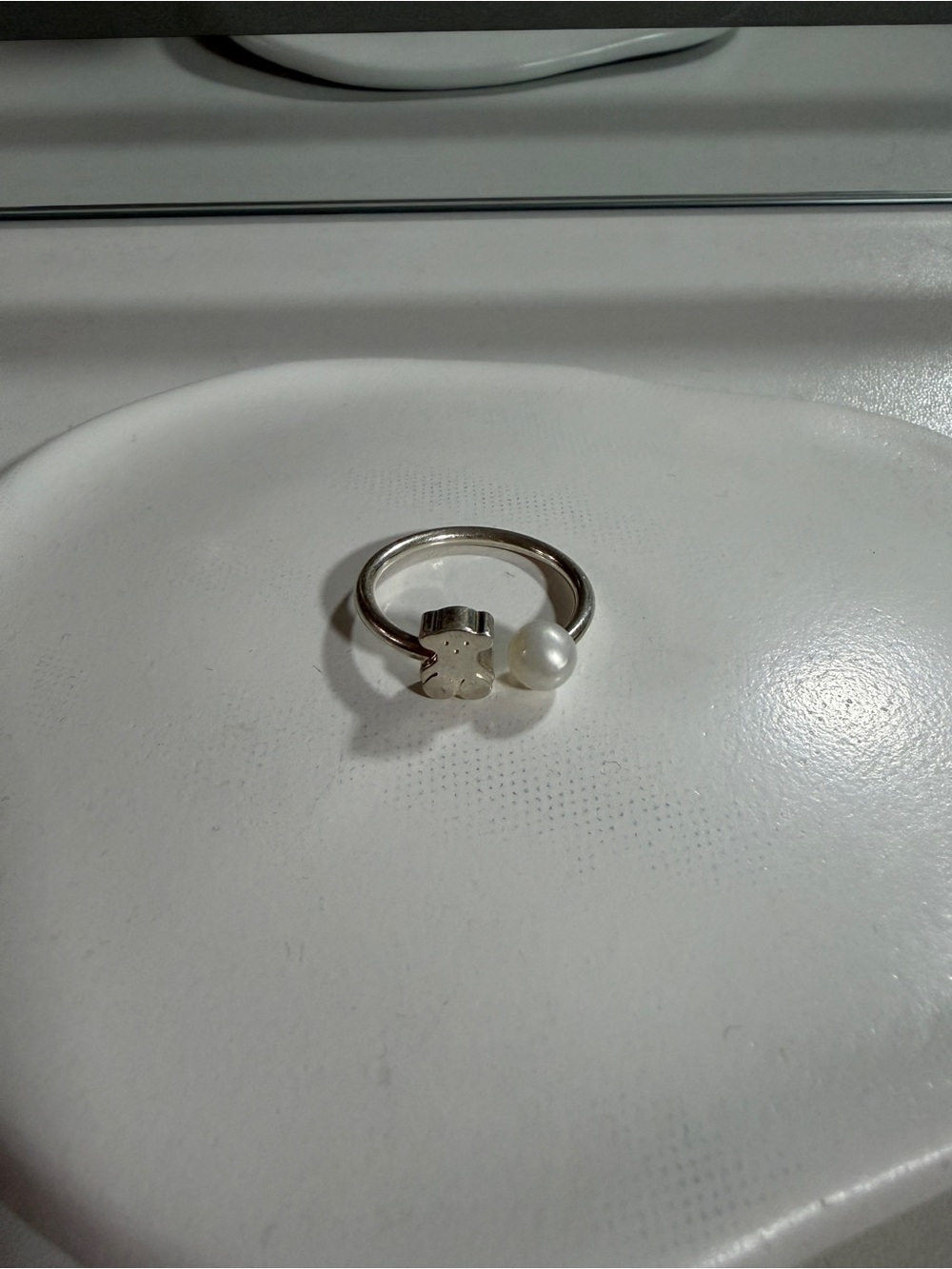 Tous Silver Open Ring with White Pearl and Floral Motif
